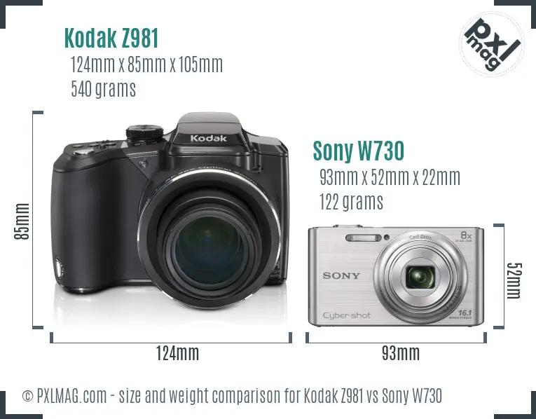 Kodak Z981 vs Sony W730 size comparison