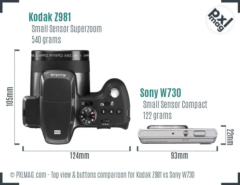 Kodak Z981 vs Sony W730 top view buttons comparison