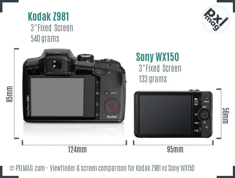 Kodak Z981 vs Sony WX150 Screen and Viewfinder comparison