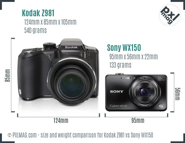 Kodak Z981 vs Sony WX150 size comparison