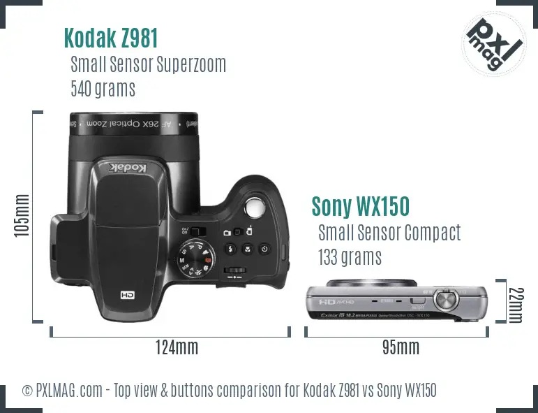 Kodak Z981 vs Sony WX150 top view buttons comparison