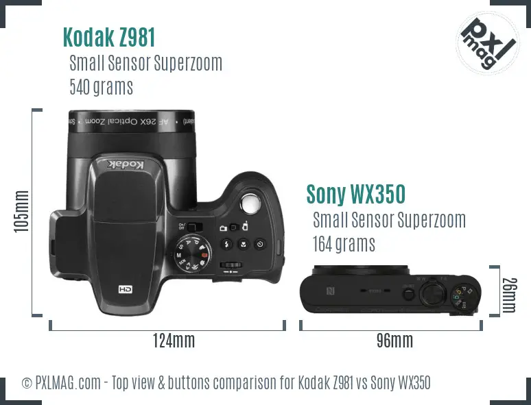 Kodak Z981 vs Sony WX350 top view buttons comparison