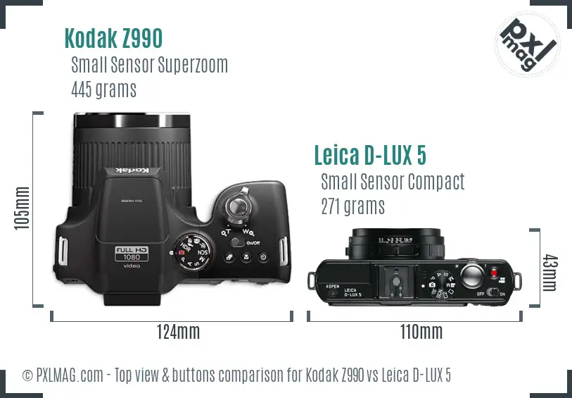 Kodak Z990 vs Leica D-LUX 5 top view buttons comparison