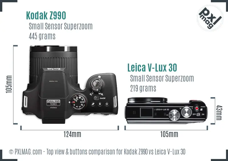 Kodak Z990 vs Leica V-Lux 30 top view buttons comparison Kodak Z990 vs Leica V-Lux 30 top view buttons comparison