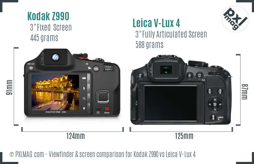 Kodak Z990 vs Leica V-Lux 4 Screen and Viewfinder comparison