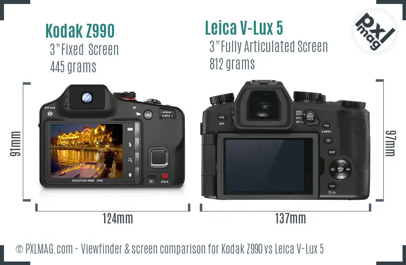 Kodak Z990 vs Leica V-Lux 5 Screen and Viewfinder comparison