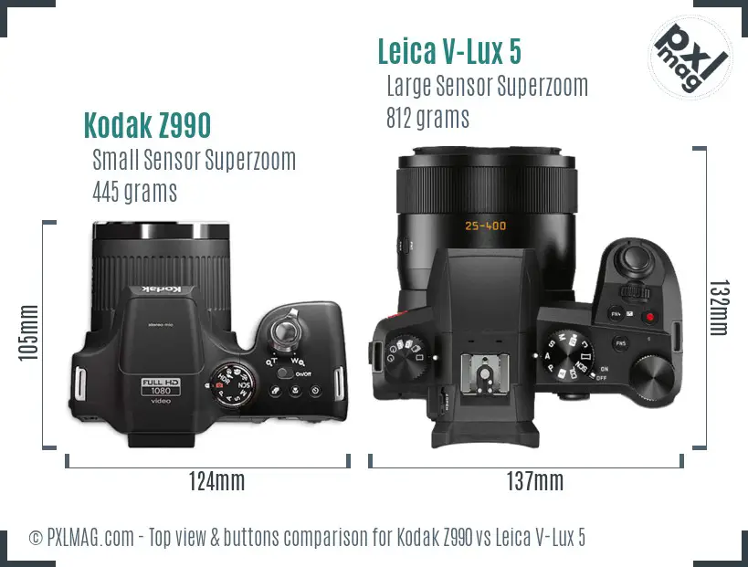 Kodak Z990 vs Leica V-Lux 5 top view buttons comparison