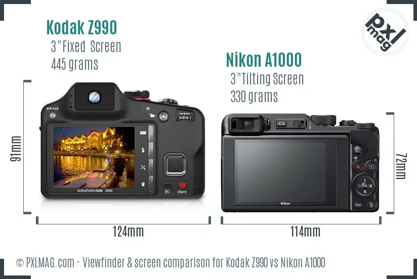 Kodak Z990 vs Nikon A1000 Screen and Viewfinder comparison