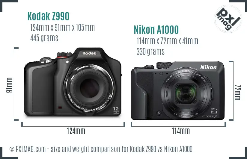 Kodak Z990 vs Nikon A1000 size comparison