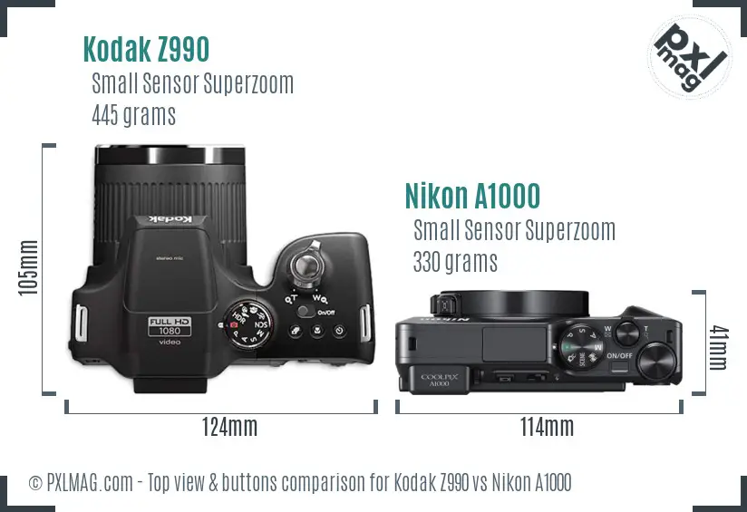Kodak Z990 vs Nikon A1000 top view buttons comparison