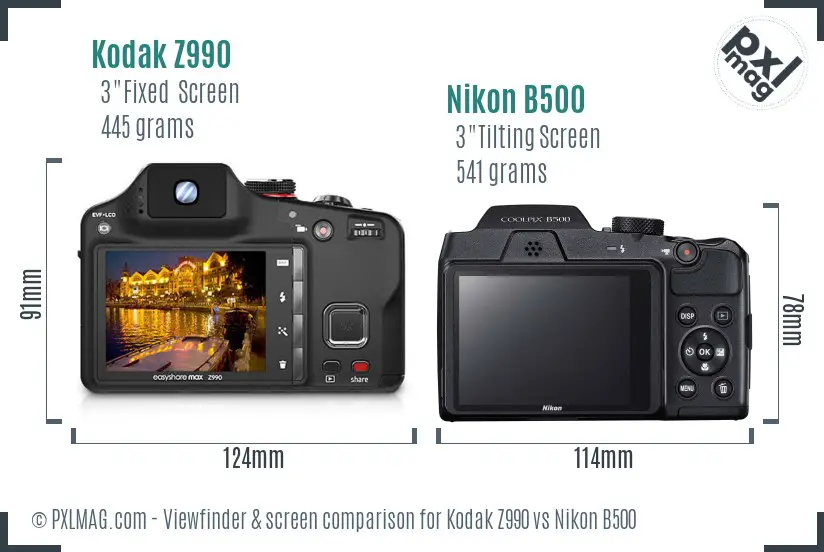 Kodak Z990 vs Nikon B500 Screen and Viewfinder comparison