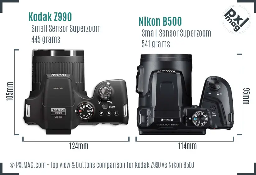 Kodak Z990 vs Nikon B500 top view buttons comparison