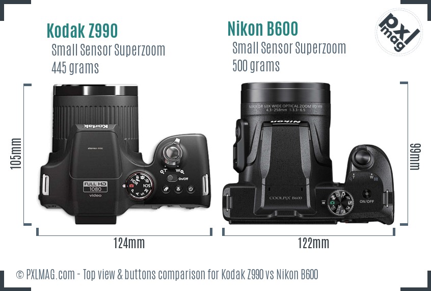 Kodak Z990 vs Nikon B600 top view buttons comparison