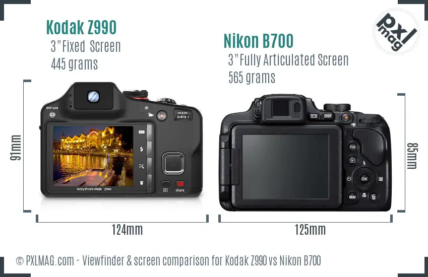 Kodak Z990 vs Nikon B700 Screen and Viewfinder comparison