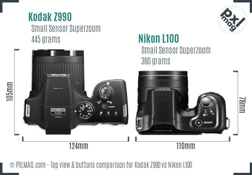 Kodak Z990 vs Nikon L100 top view buttons comparison