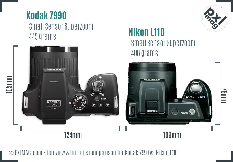 Kodak Z990 vs Nikon L110 top view buttons comparison