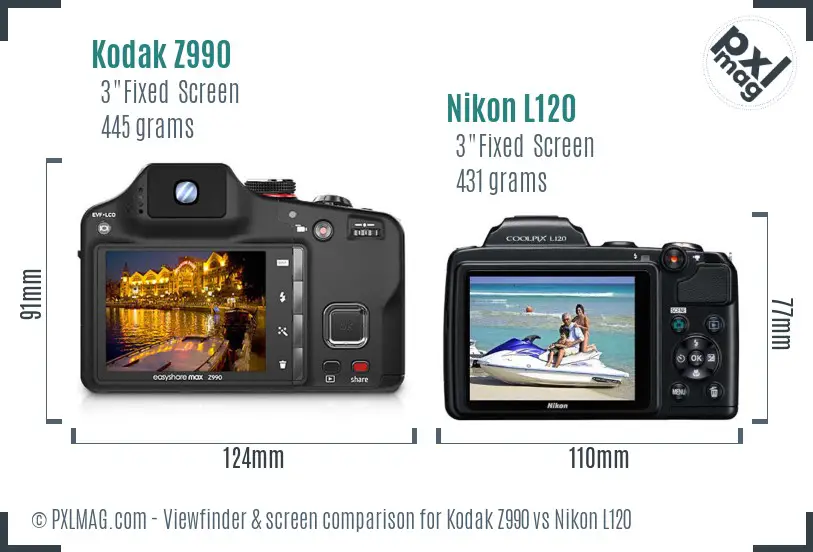 Kodak Z990 vs Nikon L120 Screen and Viewfinder comparison