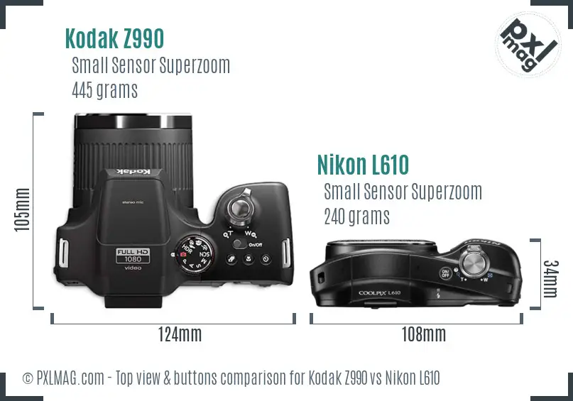 Kodak Z990 vs Nikon L610 top view buttons comparison
