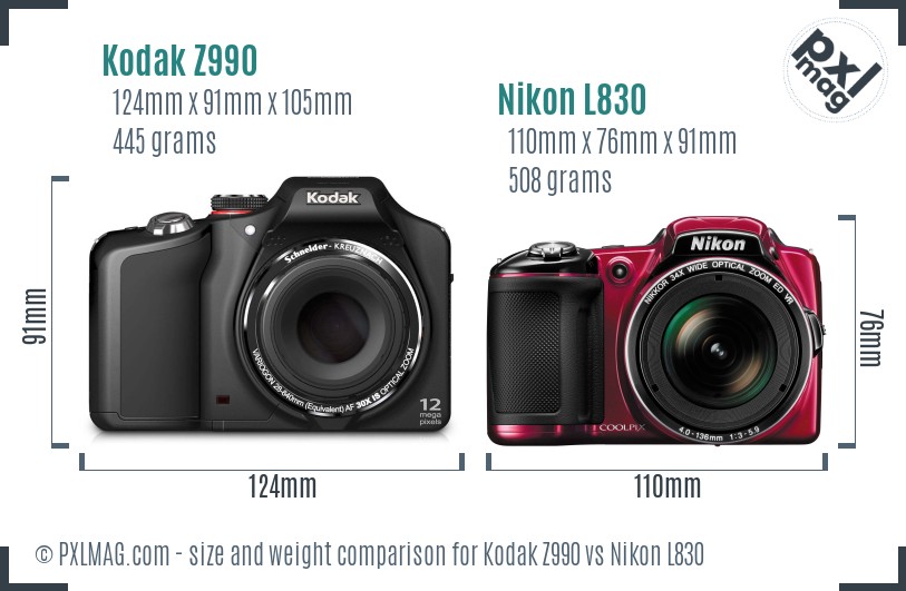 Kodak Z990 vs Nikon L830 size comparison