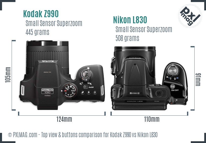 Kodak Z990 vs Nikon L830 top view buttons comparison