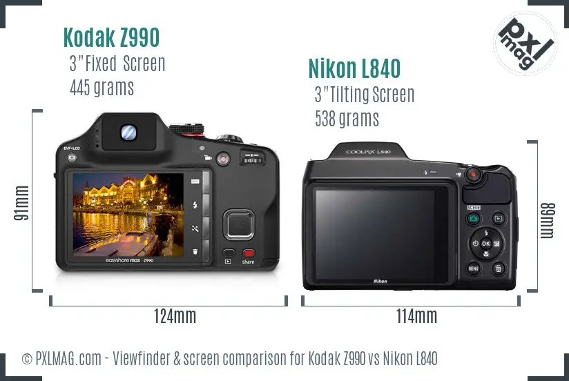 Kodak Z990 vs Nikon L840 Screen and Viewfinder comparison