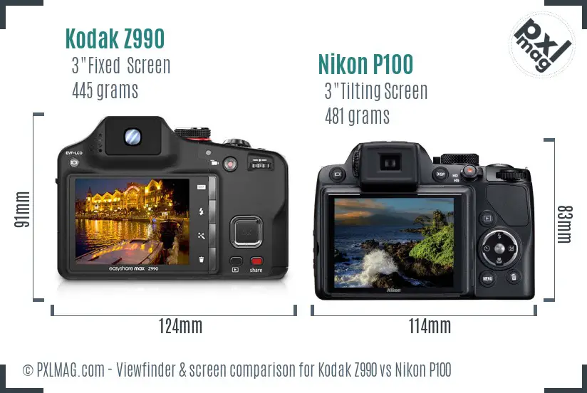 Kodak Z990 vs Nikon P100 Screen and Viewfinder comparison
