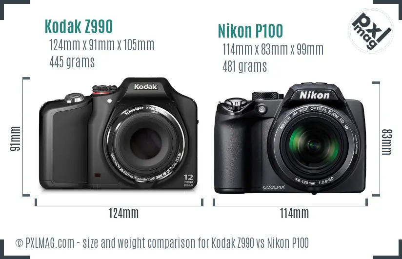 Kodak Z990 vs Nikon P100 size comparison