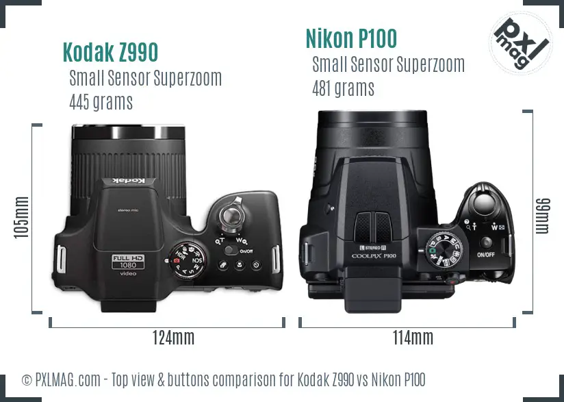 Kodak Z990 vs Nikon P100 top view buttons comparison