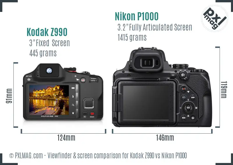 Kodak Z990 vs Nikon P1000 Screen and Viewfinder comparison