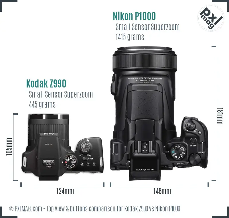 Kodak Z990 vs Nikon P1000 top view buttons comparison