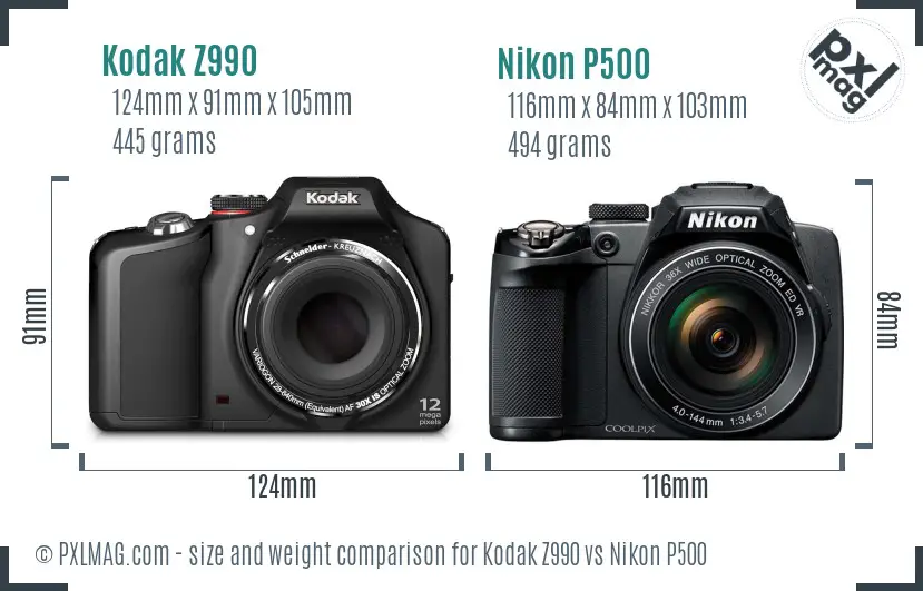 Kodak Z990 vs Nikon P500 size comparison