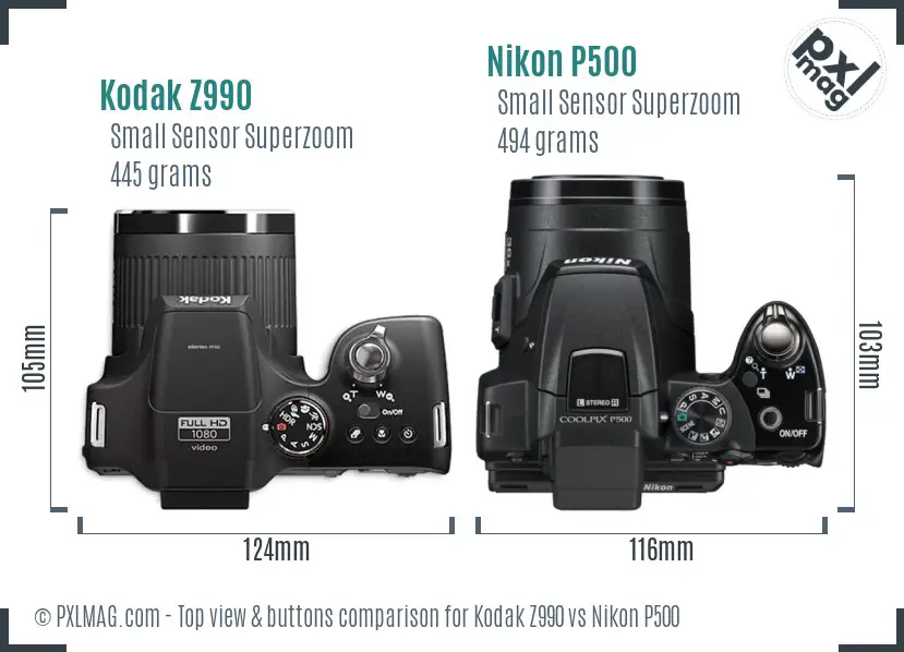 Kodak Z990 vs Nikon P500 top view buttons comparison
