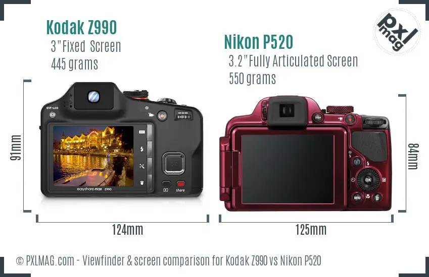 Kodak Z990 vs Nikon P520 Screen and Viewfinder comparison