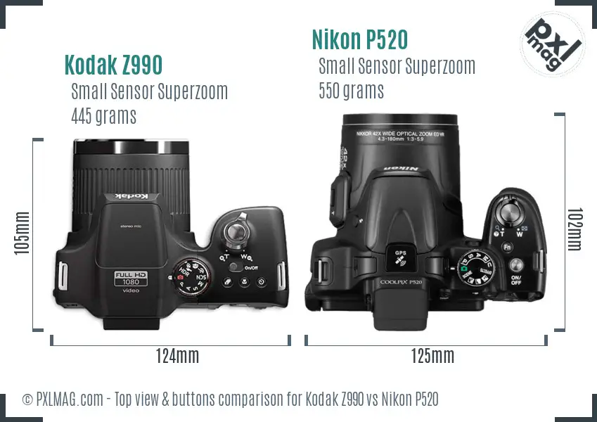 Kodak Z990 vs Nikon P520 top view buttons comparison