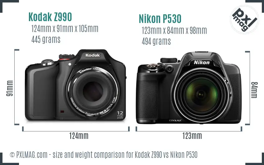 Kodak Z990 vs Nikon P530 size comparison