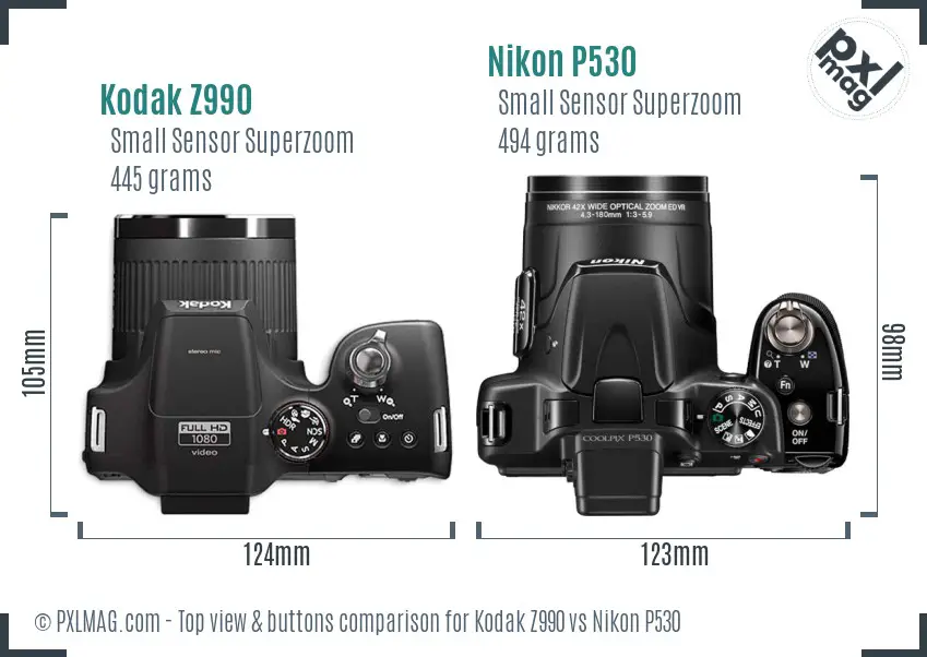 Kodak Z990 vs Nikon P530 top view buttons comparison