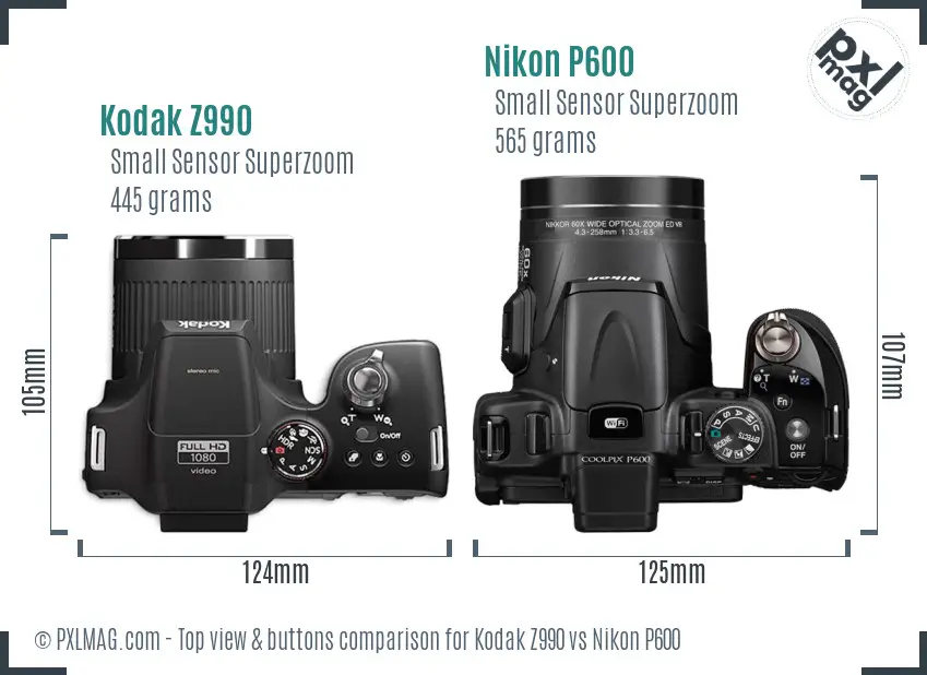 Kodak Z990 vs Nikon P600 top view buttons comparison Kodak Z990 vs Nikon P600 top view buttons comparison