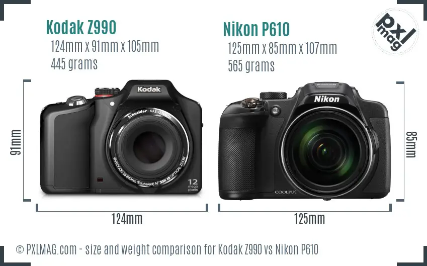 Kodak Z990 vs Nikon P610 size comparison