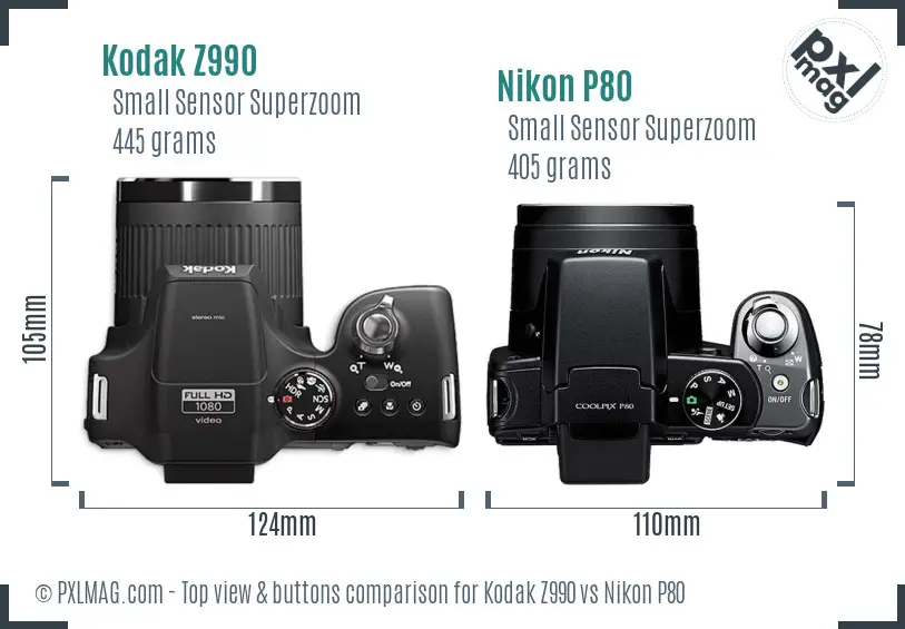 Kodak Z990 vs Nikon P80 top view buttons comparison