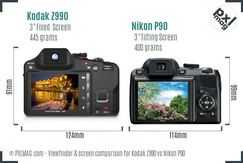 Kodak Z990 vs Nikon P90 Screen and Viewfinder comparison