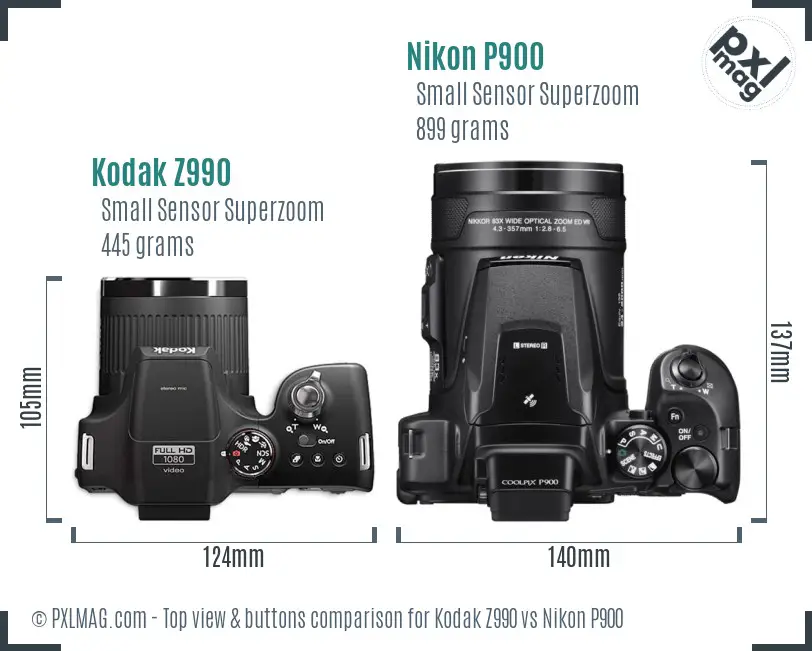 Kodak Z990 vs Nikon P900 top view buttons comparison