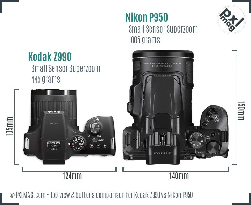 Kodak Z990 vs Nikon P950 top view buttons comparison