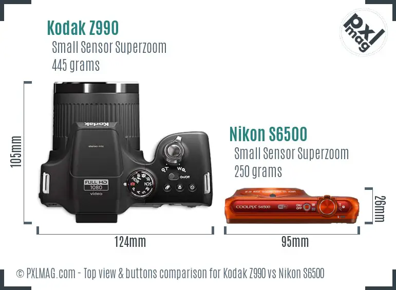 Kodak Z990 vs Nikon S6500 top view buttons comparison