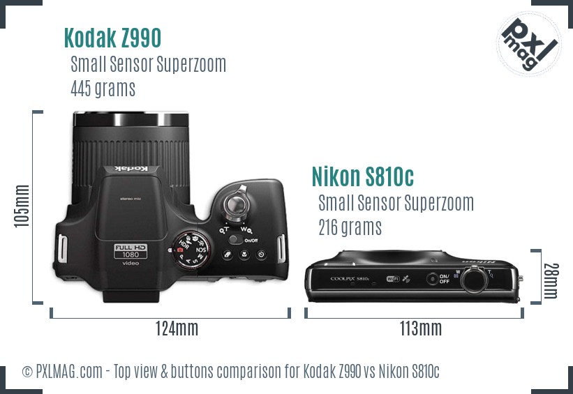 Kodak Z990 vs Nikon S810c top view buttons comparison