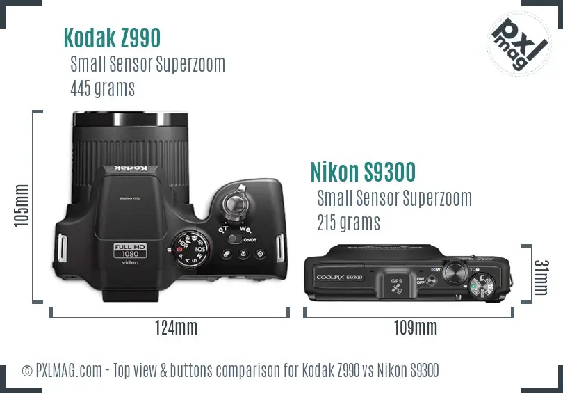 Kodak Z990 vs Nikon S9300 top view buttons comparison