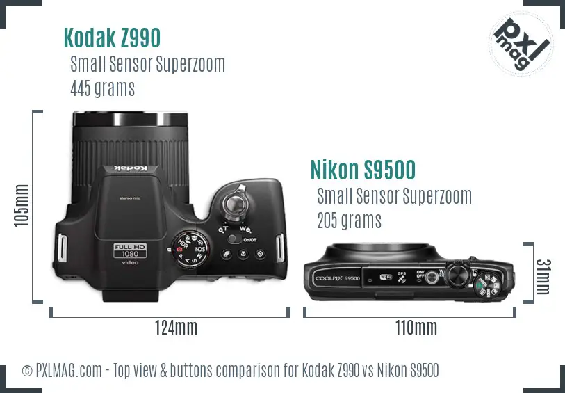 Kodak Z990 vs Nikon S9500 top view buttons comparison Kodak Z990 vs Nikon S9500 top view buttons comparison