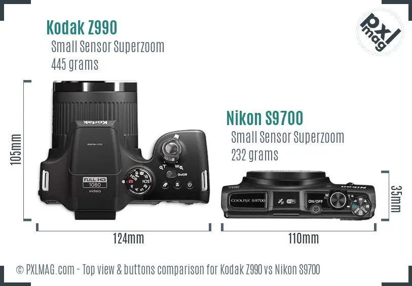 Kodak Z990 vs Nikon S9700 top view buttons comparison