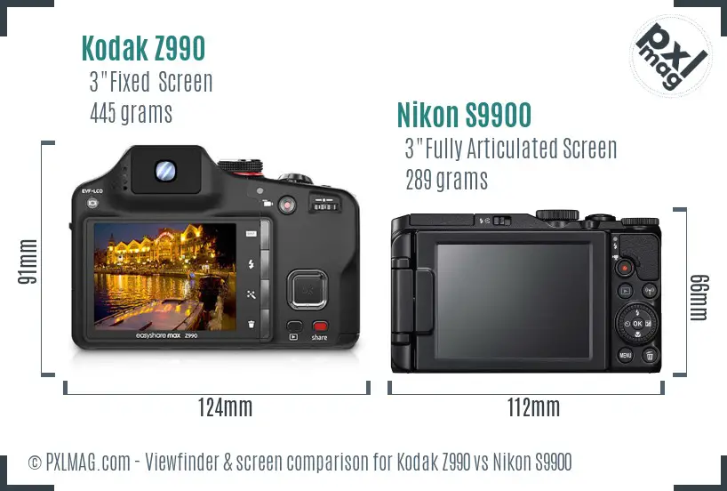 Kodak Z990 vs Nikon S9900 Screen and Viewfinder comparison