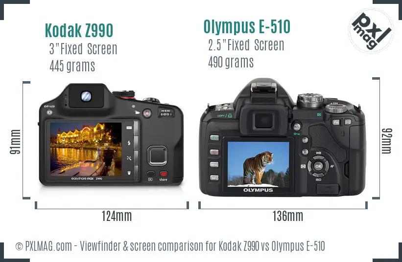 Kodak Z990 vs Olympus E-510 Screen and Viewfinder comparison