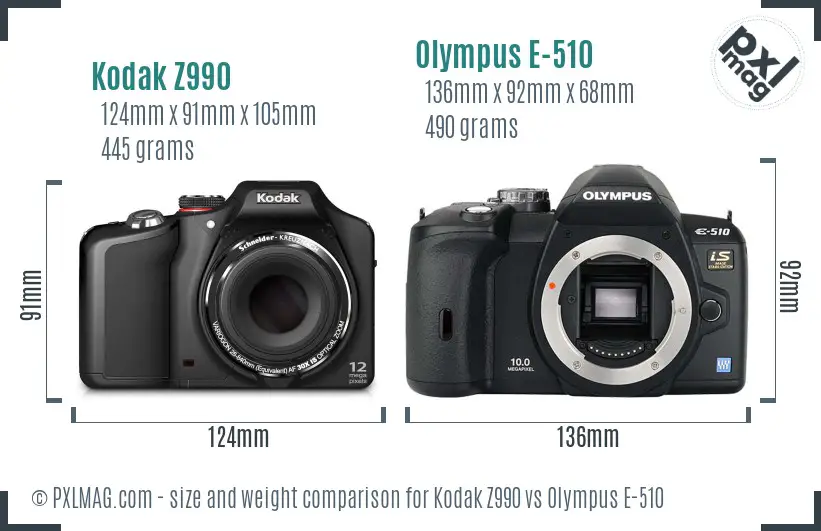 Kodak Z990 vs Olympus E-510 size comparison